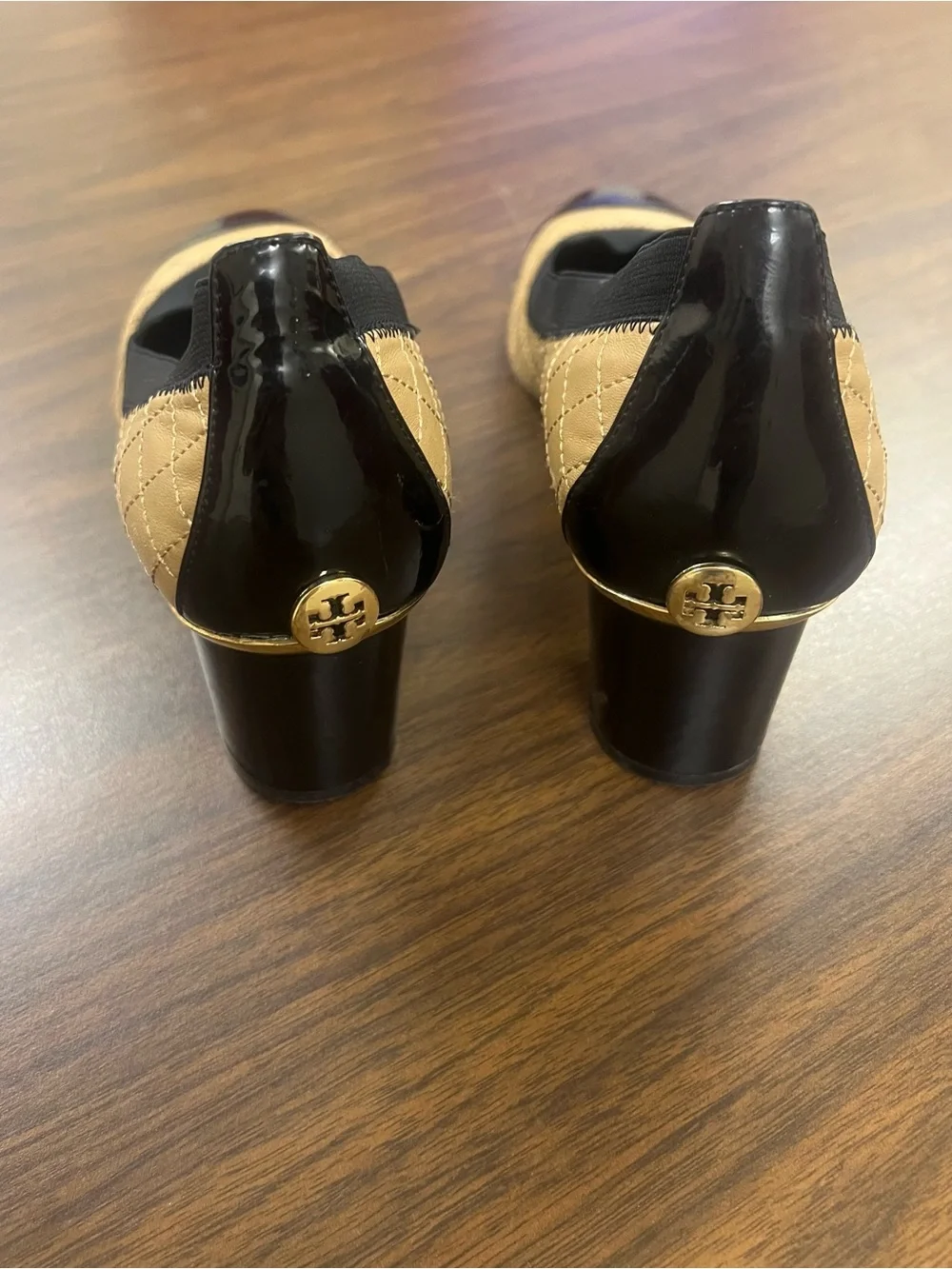 Tory Burch Quilted Two-Tone Block Heel Pumps in Beige and Black
